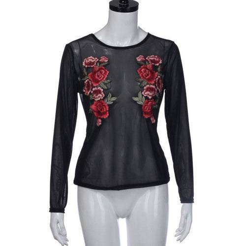 Women Blouses  Appliques Rose Floral Transparent Loose Backless Long Sleeve Casual Tops blusas feminina vero  #63 BL
