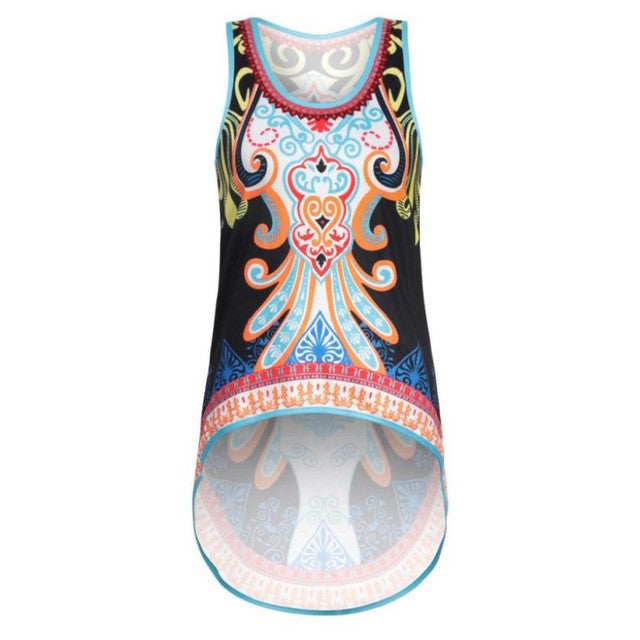 Women Bohemian Print Sleeveless  Women Tops  Beach Casual Vest Irregular Tank Tops #52 BL