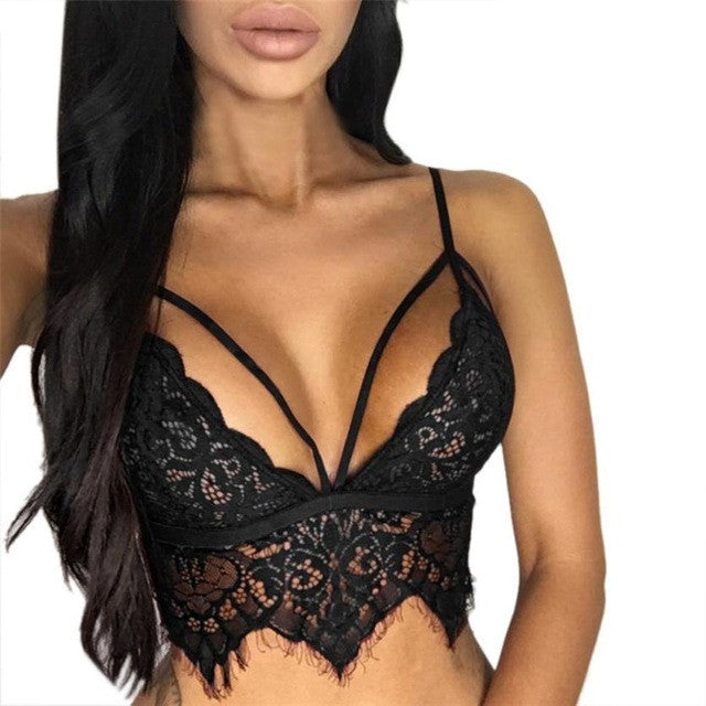 Women Hollow Out Lace Sheer Translucent Crop Tops Strappy Sling Short Tank TopWomen Bustier Cropped Camisole  #23 BL