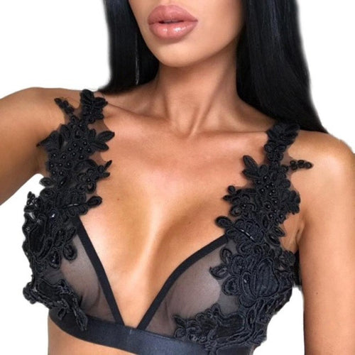Women Sexy Floral Sheer Lace Embroidery Crop Tops Ladies Seamless Bralette Wireless Blackless Cropped Femme  #23 BL