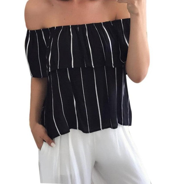 Women Slash neck Off shoulder T shirts casual Short Sleeve Striped t shirt camisetas mujer verano tees tops Women #23 BL
