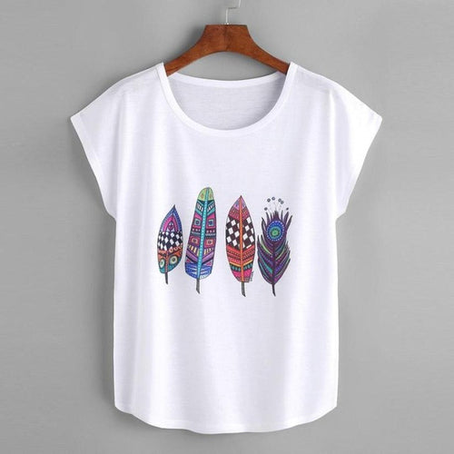 tops tees ladies Feather Print Short sleeve t shirt women t-shirts O Neck Tee Shirt female camisetas mujer verano #421 BL