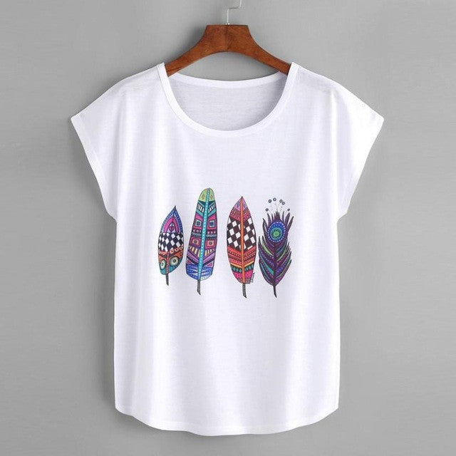 tops tees ladies Feather Print Short sleeve t shirt women t-shirts O Neck Tee Shirt female camisetas mujer verano #421 BL