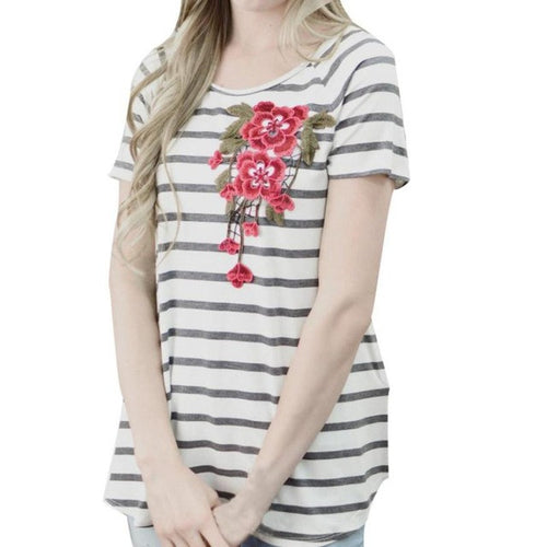 T-Shirts   Women Striped Flower Embroidery Casual Cotton Short Sleeve Loose O-Neck Ladies Tees Tops #23 BL