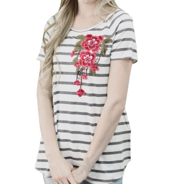 T-Shirts   Women Striped Flower Embroidery Casual Cotton Short Sleeve Loose O-Neck Ladies Tees Tops #23 BL