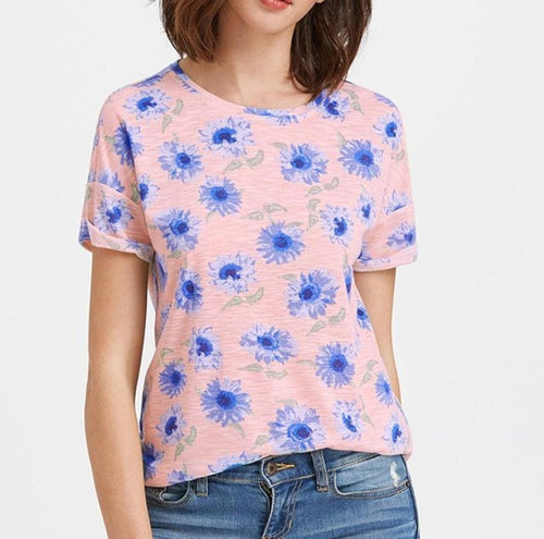 T-Shirts Women    Women Flower Print Casual Cotton Short Sleeve O-Neck Ladies Tees Tops camisetas mujer #417 BL