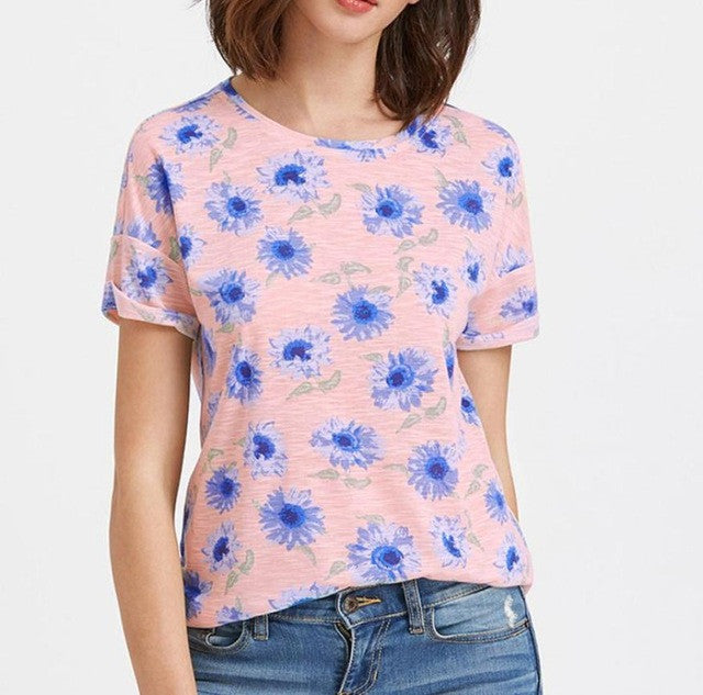 T-Shirts Women    Women Flower Print Casual Cotton Short Sleeve O-Neck Ladies Tees Tops camisetas mujer #417 BL