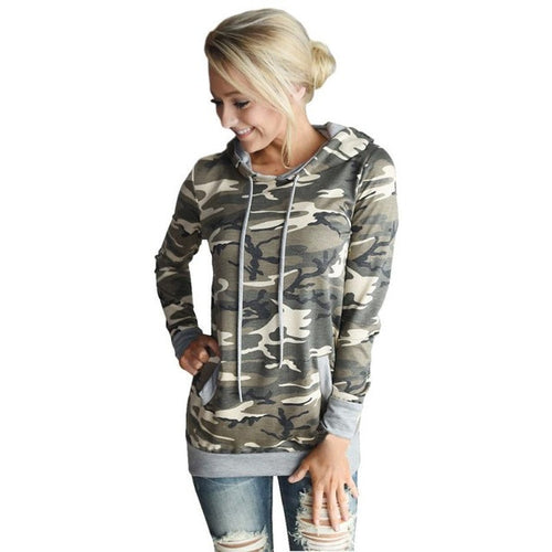 Tops  Womens Shirts Hooded   Long Sleeved Tee Shirt Camouflage Pocket Ladies Girls Hooded Pullover Tops Female BL