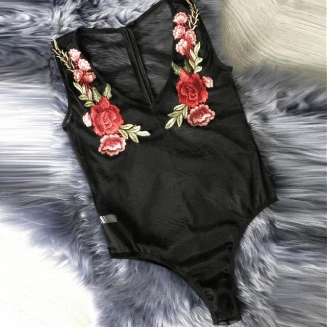 Trendy Bodysuits Women   Sleeveless Appliques Embroidery Floral Bodycon Lace Sheer Triangle Jumpsuits Women #23 BL