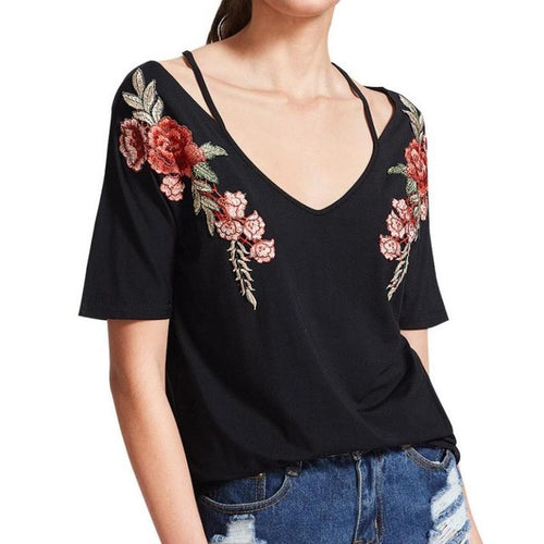 Trendy Embroidered Flower Applique european style women tees Black Crisscross V Neck women tshirt harajuku  Tee Shirt #420 BL