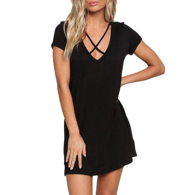 Vestidos Mujer   Style Front Crossing Women  Dress Casual Sleeveless Women Mini Tshirt Dress Robe Ete #420 BL