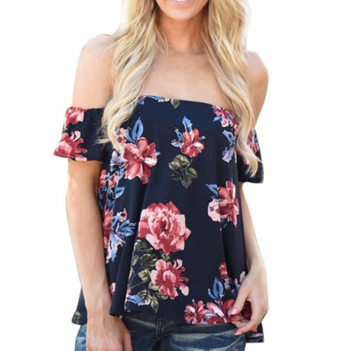 Vintage Flower print T Shirt   Off Shoulder Women T-shirt short sleeve casual tees tops Femme camisetas mujer #419 BL