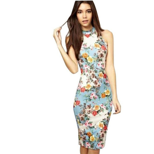 Vintage Sleeveless Dresses Women   Floral Print O Neck Sheath Knee Length Pencil Dresses For Ladies Women Clothes #418 BL