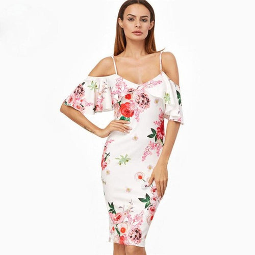 Vintage  Ladies Dresses Strap Strapledd  Flower Print Cold Shoulder Short Sleeve Ruffle Mid Dress Women vestido#418 BL