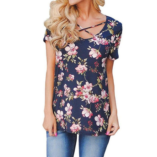 Vintage T shirt Women   Floral Print Short Sleeve Front Crisscross V Neck Tee Shirt Femme Tops camisetas mujer #419 BL