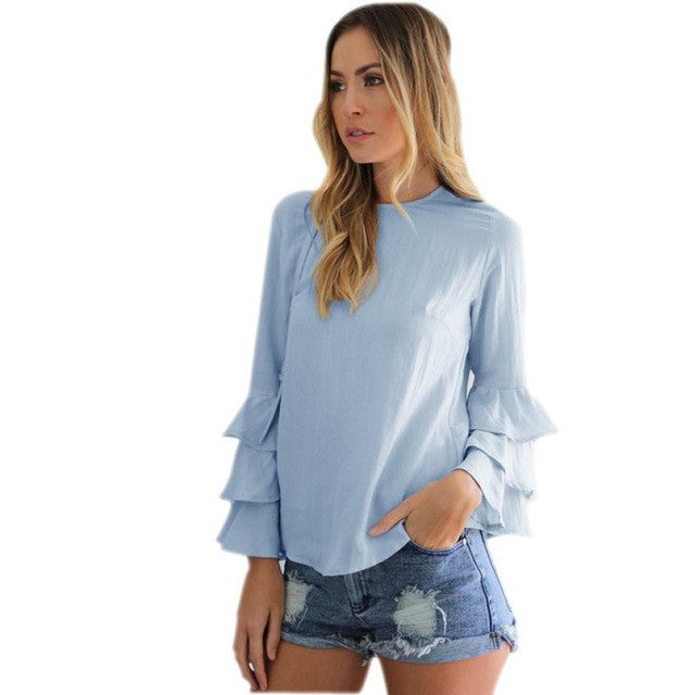 Women Blouses Long Sleeve   Ladies Sky Blue Blouse Femme O Neck Women's Shirts Flare Sleeve Top Camisas Femininas BL
