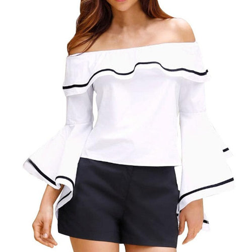 Women Blouses Sexy Slash Neck Casual Flare Long Sleeve Off Shoulder  Tops Ladies blusas feminina vero  #15 BL