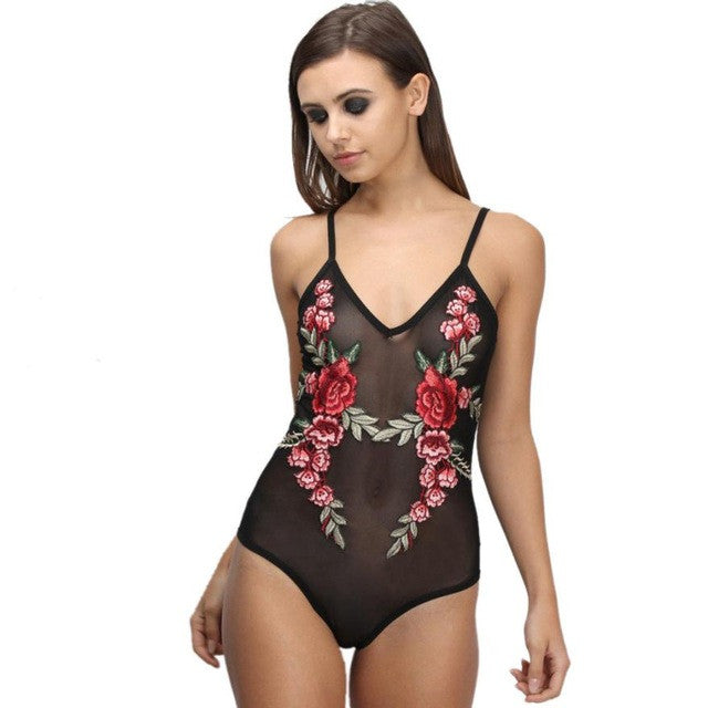 Women Sexy Black Floral Sheer Mesh Bodycon Bodysuit Womens Leotard   rompers combinaison femme #63 BL