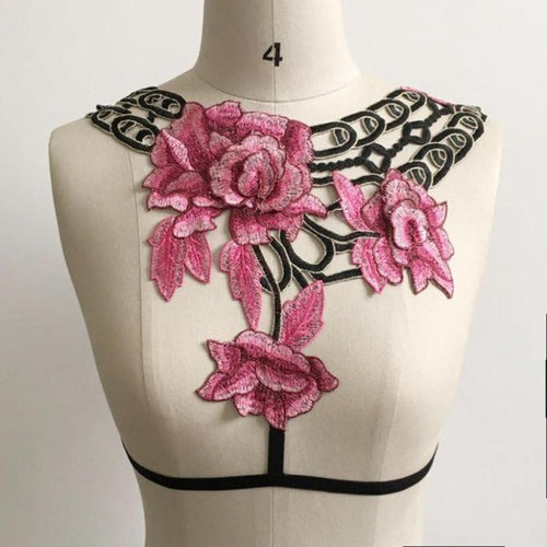 Women Sexy Bondage Crop Tops Women  Floral Appliques Hollow Out Embroidery Elastic sexy Bandage Strappy Halter Tops #425 BL