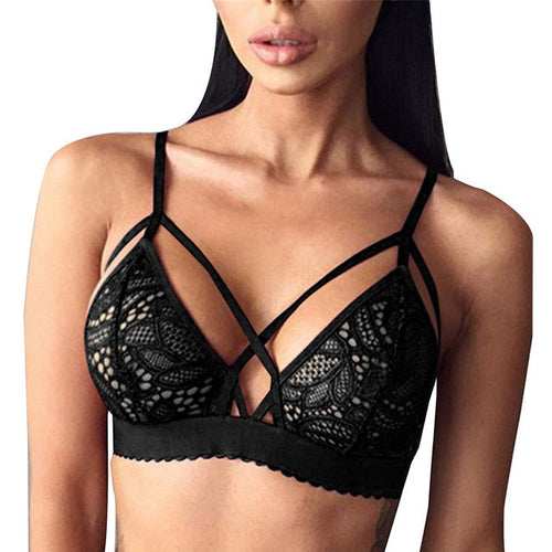 Women Sexy Crossing Bandage Crop Tops Floral Sheer Lace Bra Top Seamless Black Bralette Wireless bustier Tank Top Camis &03 BL