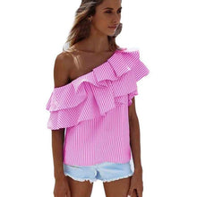 Women Striped Ruffled Off Shoulder Slash Neck Womens Blouses Sleeveless  Women Tops blusas feminina vero  #15 BL