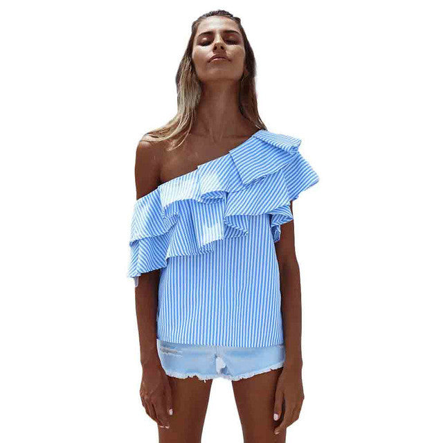 Women Striped Ruffled Off Shoulder Slash Neck Womens Blouses Sleeveless  Women Tops blusas feminina vero  #15 BL
