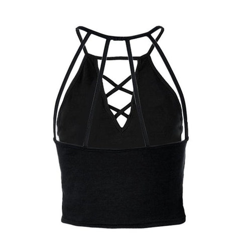 Women  Tank Tops  Sexy Bandage Sleeveless Halterneck Crop Tops Female Solid Backless Vest Short Tank Top Women #63 BL