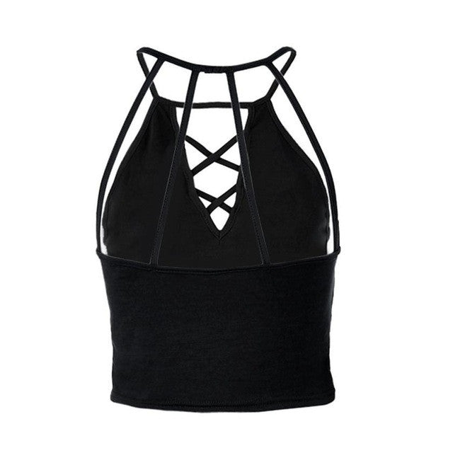 Women  Tank Tops  Sexy Bandage Sleeveless Halterneck Crop Tops Female Solid Backless Vest Short Tank Top Women #63 BL