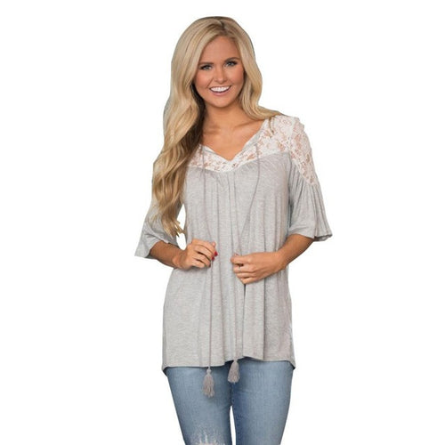 Women T shirt    Lace Splice Casual Loose Short sleeve V-neck T-Shirts Femme camisetas mujer verano #63 BL