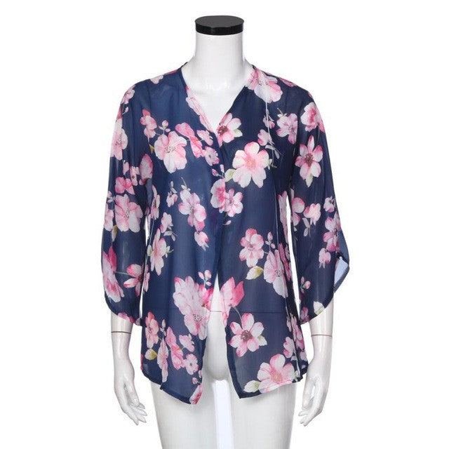 Women Tops Floral Print kimono cardigan Beach Chiffon Casual Loose Kimono Tops Lady women blouses   #63 BL
