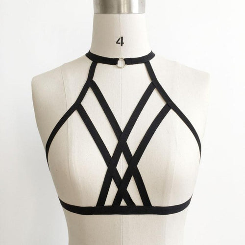 Women's black Bandage bra body sexy lingerie harajuku gothic Strappy sexy Halter Neck bondage Crop Top #23 BL