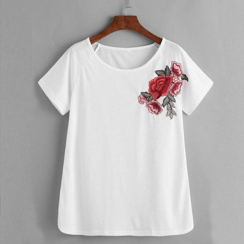 Women t shirt short sleeve    Rose Embroidered White T-shirt O Neck Tops Tees poleras de mujer #421 BL