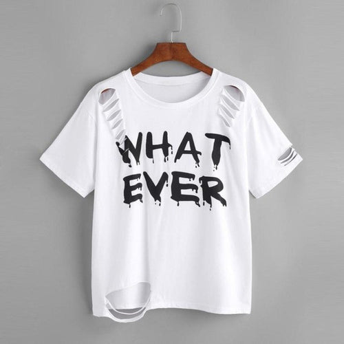 Women t shirt short sleeve Letter Print Holes Casual White T-Shirts Women Tee Tops Female  Style  camisetas mujer #421 BL