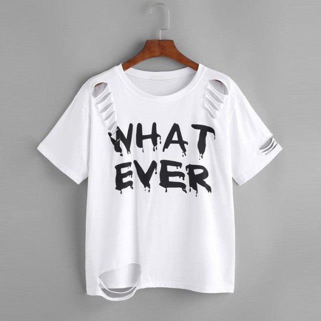 Women t shirt short sleeve Letter Print Holes Casual White T-Shirts Women Tee Tops Female  Style  camisetas mujer #421 BL