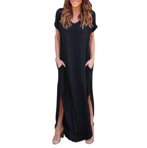Womens Loose maxi dress  Tshirt Beach Short Sleeves Solid V Neck Ladies Long Dress vestidos mujer  Black Grey #23 BL