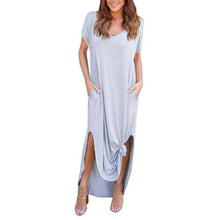 Womens Loose maxi dress  Tshirt Beach Short Sleeves Solid V Neck Ladies Long Dress vestidos mujer  Black Grey #23 BL