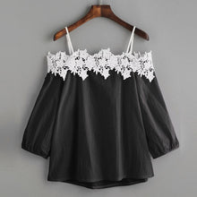 Womens Off shoulder Lace Splice  Blouses For Women  Ladies Tops Three Quarter Sleeve Blouses Black/Withe/Blue/Pink #63 BL
