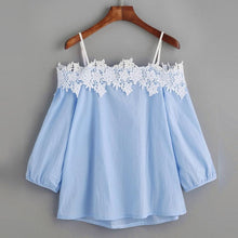 Womens Off shoulder Lace Splice  Blouses For Women  Ladies Tops Three Quarter Sleeve Blouses Black/Withe/Blue/Pink #63 BL