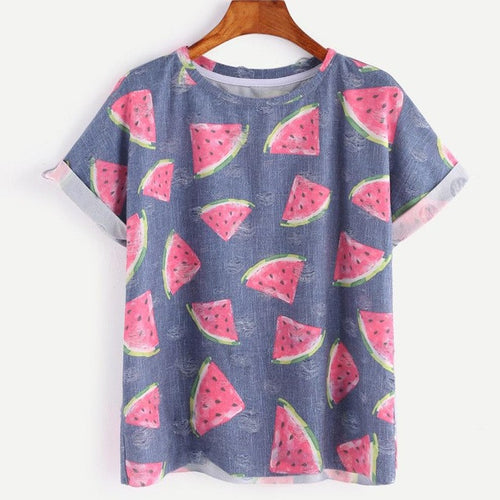 Womens Tee Shirts   t shirt for women Blue Watermelon Printed Short Sleeve Round Neck T-shirt Tops Tees Female #63 BL