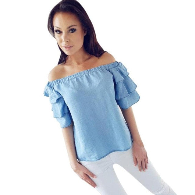 Womens Tshirt Off Shoulder Loose Flare Sleeve T-Shirts    Ladies Casual Tee Tops Ladies camiseta mujer #425 BL