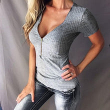 Zipper V Neck T Shirt Women  Short Sleeve t-shirt women Tee tops Slim  Camisetas Mujer Verano 3Colors #63 BL